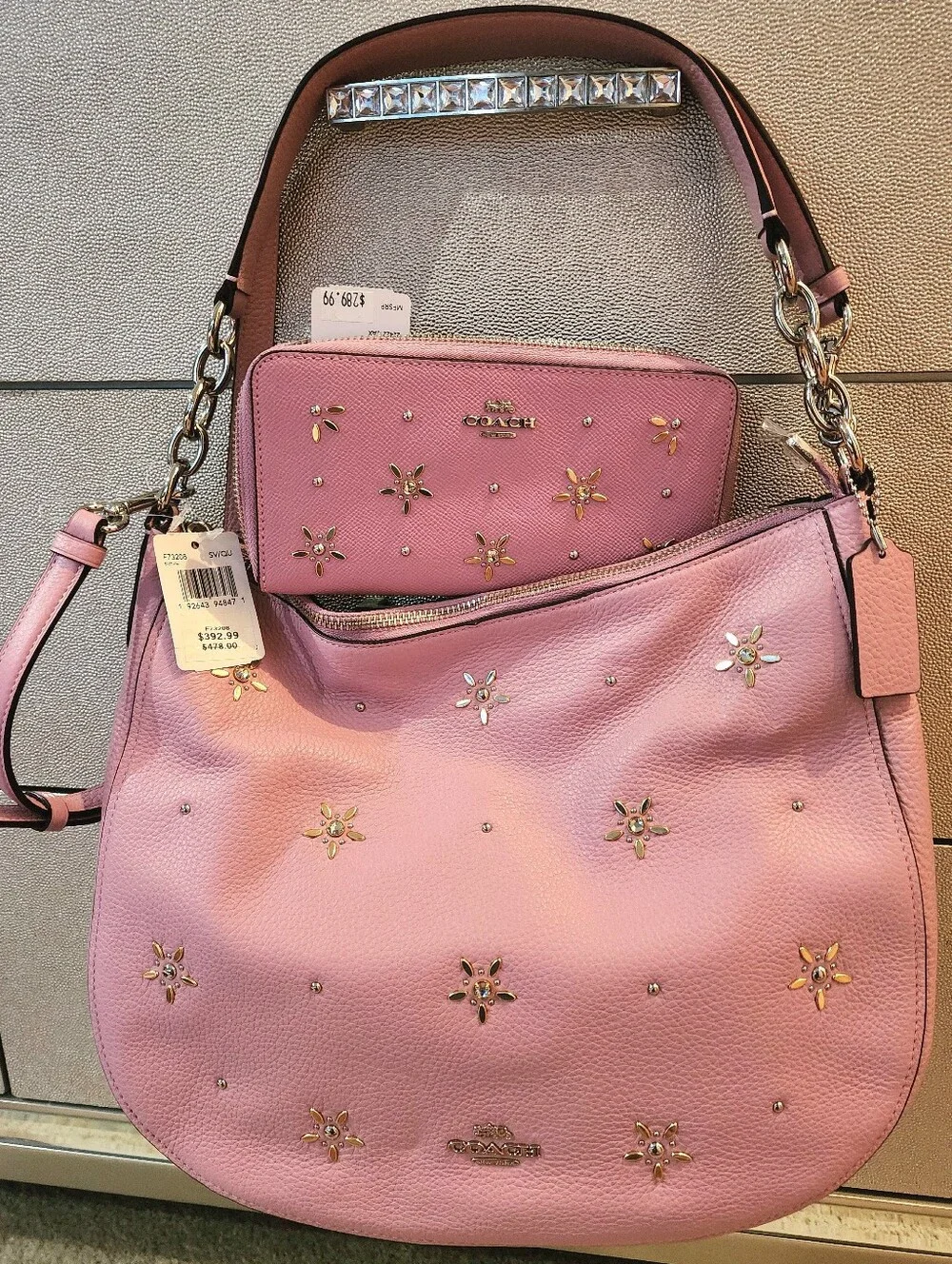 Coach Pink Crystal Rhinestone Shoulder Hobo Purse Floral Elle Wallet New SET